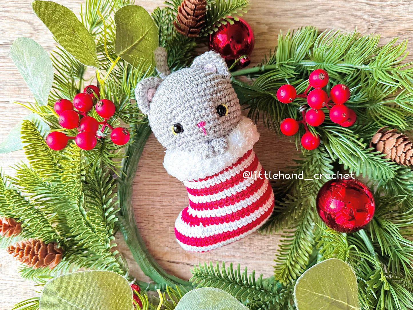 Winter the Grey Cat in Red and White Striped Christmas Stocking Crochet Pattern