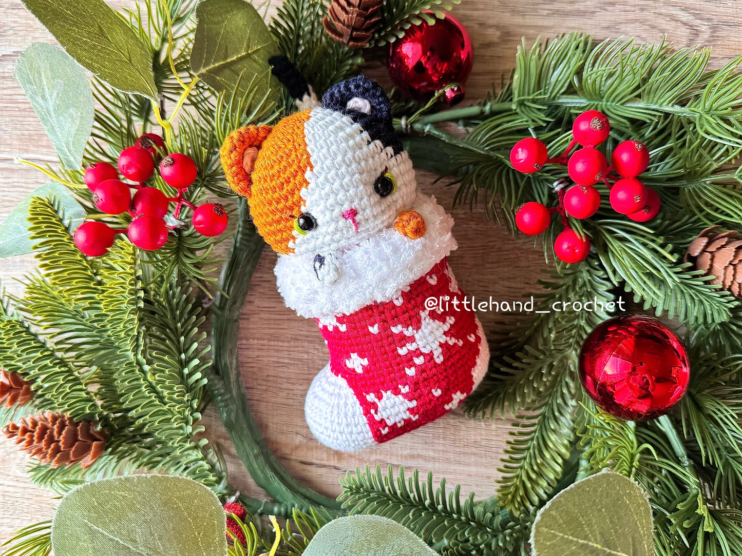 Pudding the Calico Cat in Snowflake Christmas Stocking Crochet Pattern