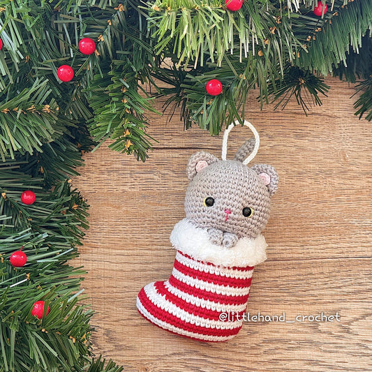 Winter the Grey Cat in Red and White Striped Christmas Stocking Crochet Pattern