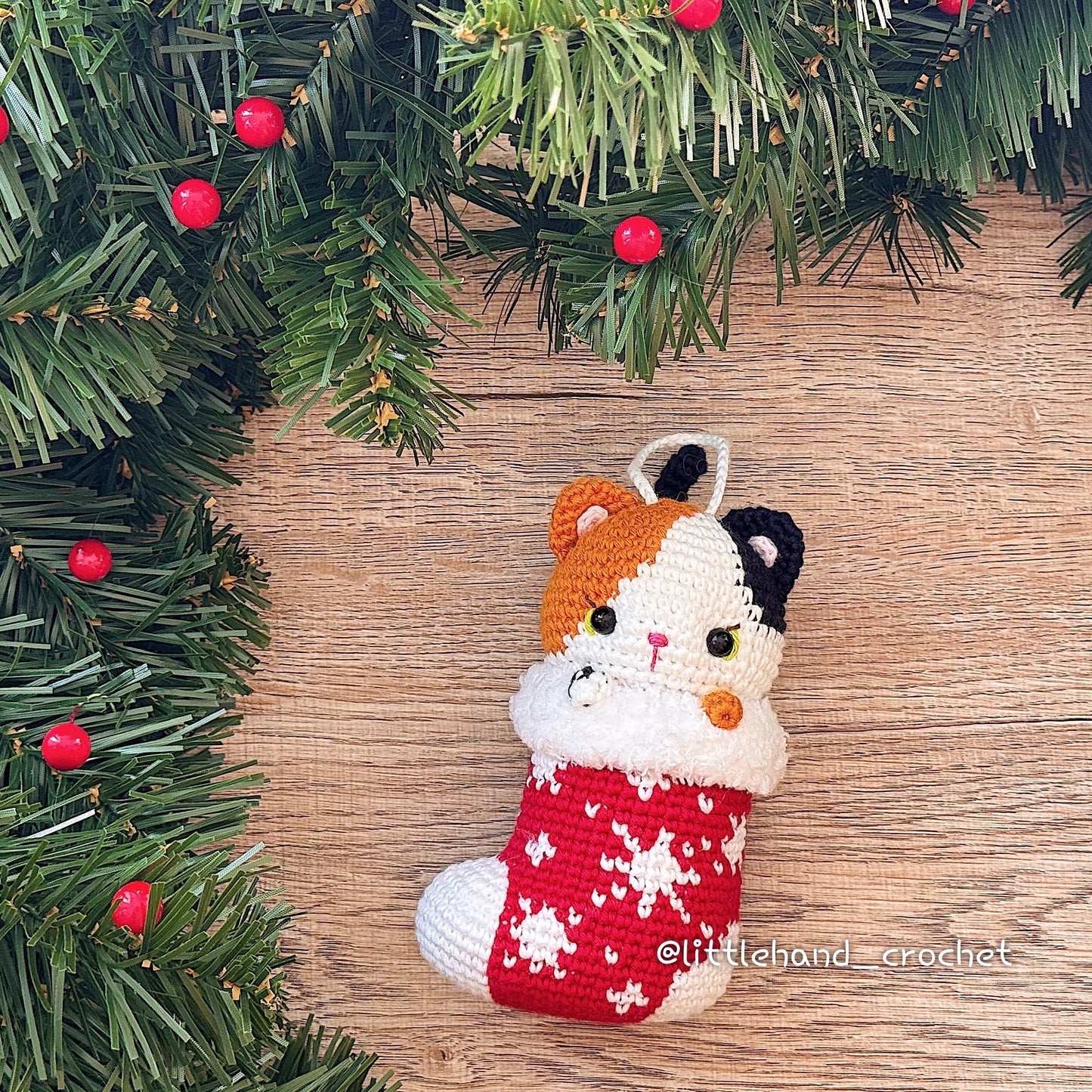 Pudding the Calico Cat in Snowflake Christmas Stocking Crochet Pattern